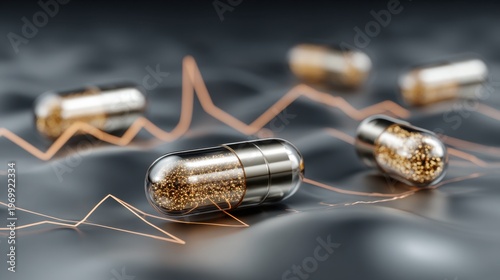Golden capsules on dark background with dynamic lines suggesting health, wellness, and pharmaceutical innovation