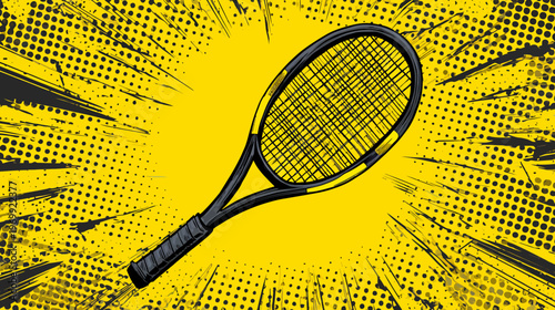 A pop art style tennis racket centered on a yellow background with dark halftone effects