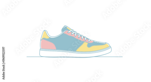 Colorful sneaker with white laces.