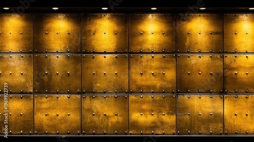 Textured gold wall with metallic panels and industrial design elements showcasing unique lighting effects