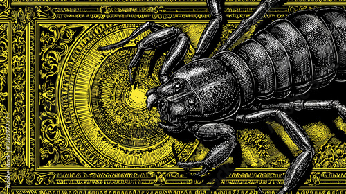 Intricate yellow geometric and ornate designs surrounding a detailed black and white insect