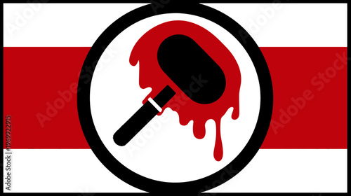 Flag design featuring a black and red hammer symbol inside a circle on a red and white field