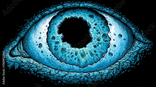 Digitally created illustration of a close-up of a blue eye, centered on a black background
