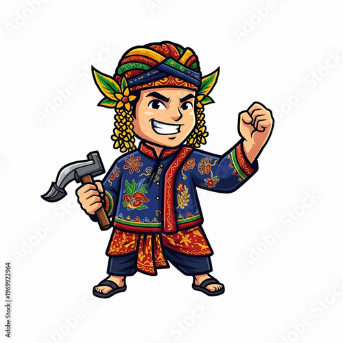 Cartoon Character of a Happy Elf with Hammer.
