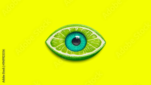 Illustration of a fruit eye with vibrant green and turquoise colors against a bright yellow background