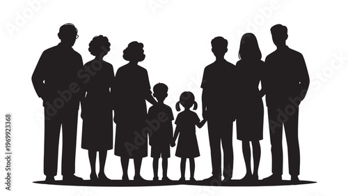 Large Multi-Generational Family Silhouette Standing Together in a Unified Portrait