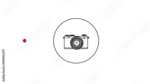 A camera icon, with a red x, inside a circle. A red dot is separate on the left