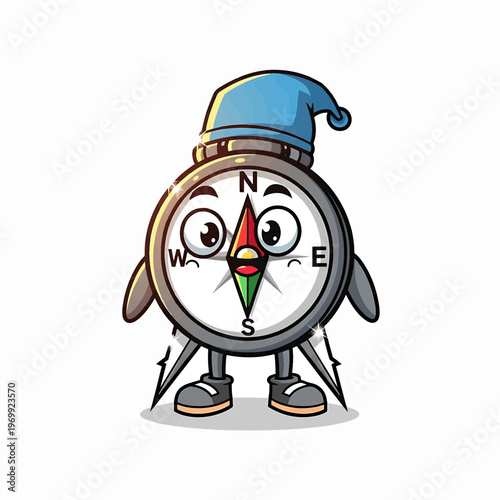 Cartoon Compass Character with Hat and Shoes.