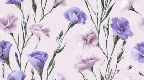 Delicate lisianthus flowers with soft blush and lilac petals on textured pastel background, elegant watercolor floral seamless pattern