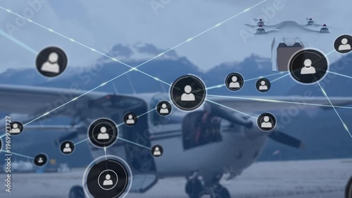 Network of profile icons and drone carrying a delivery box against plane parked in an airport