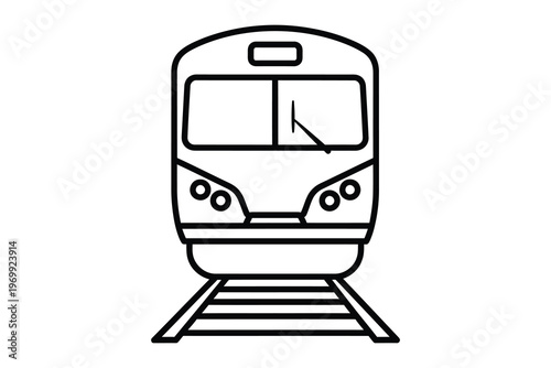 Minimalist black and white line drawing of a modern train front view on tracks, digital illustration, vector art, transportation concept.