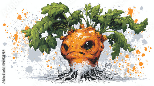 A cartoon-style illustration of an anthropomorphic root vegetable with an expressive face