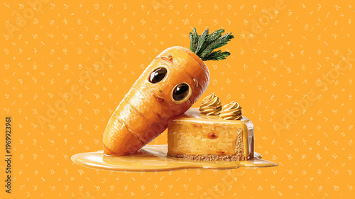 Adorable animated carrot with big eyes leaning on slice of cake with whipped cream