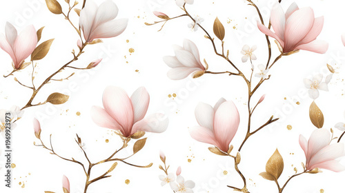 Delicate magnolia and jasmine branches with blush pink petals and golden accents on soft white background, elegant botanical seamless pattern