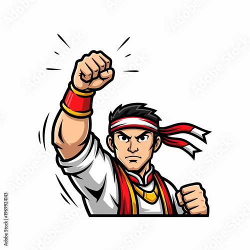 Determined Martial Artist with Fist Raised in Victory Pose.