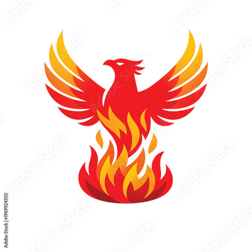 Vibrant red and orange phoenix bird rising from flames