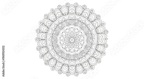 Intricate and symmetrical mandala pattern in black and white, a circular design with repeating elements and detailed floral motifs