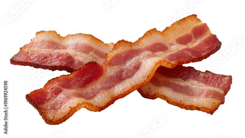 Crispy smoked bacon strips overlapping, displaying marbled fat and browned edges