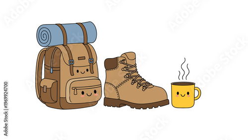 Cute brown backpack character and hiking boot stand next to a steaming yellow coffee mug for a happy morning adventure.