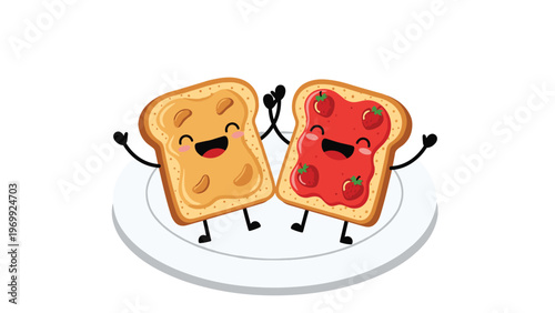 Smiling peanut butter toast and strawberry jam toast characters celebrate together on a white plate with raised arms.