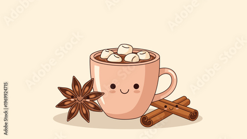 Sweet hot cocoa mug character with marshmallows rests beside a smiling star anise and two cute cinnamon sticks.
