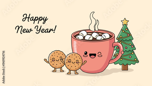 Kawaii hot cocoa cup with marshmallows and two smiling cookies celebrate near a decorated Christmas tree for the new year.