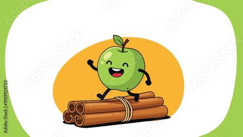 Cute green apple character with a happy face walks across a bundle of cinnamon sticks tied with string for a snack.