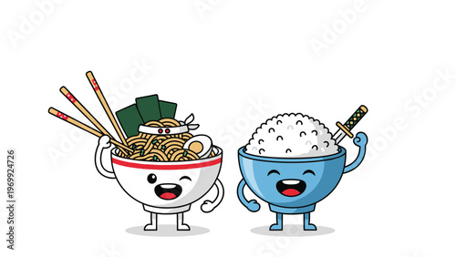 Brave ninja ramen bowl with chopsticks and a samurai rice bowl character with a sword stand ready for an adventure.