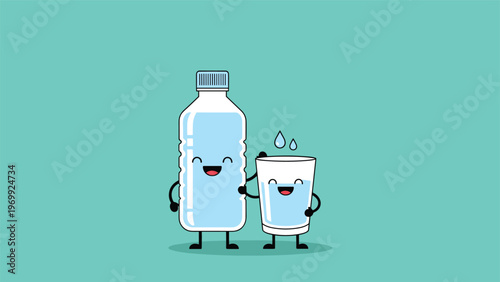 Friendly water bottle character and a glass of water hold hands to show the importance of staying hydrated every day.