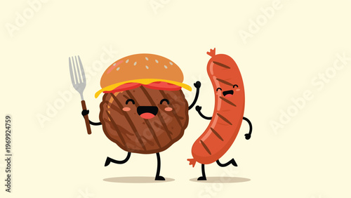 Cheerful burger patty with a fork and a happy sausage character dance together to celebrate a fun barbecue party.