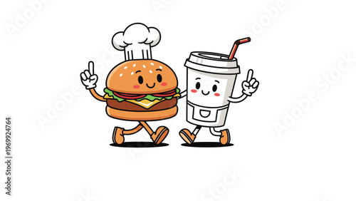Smiling burger wearing a chef hat and a cute soda cup character walk together as best friends for a restaurant ad.