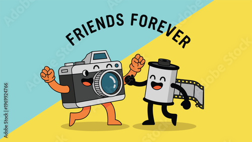 Cute vintage camera character and a happy film roll celebrate their friendship under a Friends Forever greeting.