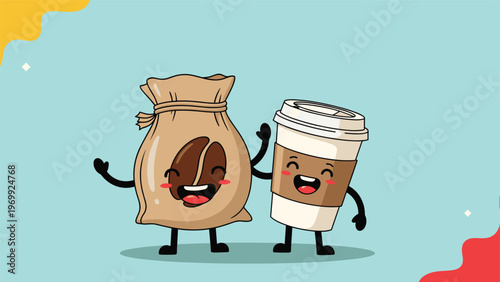 Smiling coffee bean bag and a paper coffee cup character stand together as the perfect pair for a morning energy boost.
