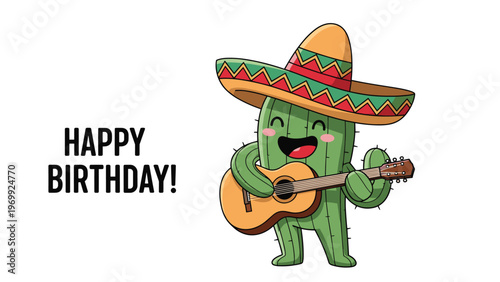 Happy cactus character wearing a colorful Mexican sombrero plays a guitar to celebrate a festive birthday party.