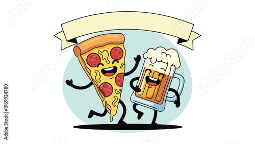 Happy pizza slice with pepperoni and a foaming beer mug character dance together under a blank banner for a party.