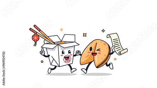 Joyful Chinese takeout box and a happy fortune cookie character run together with excitement for a delicious meal.