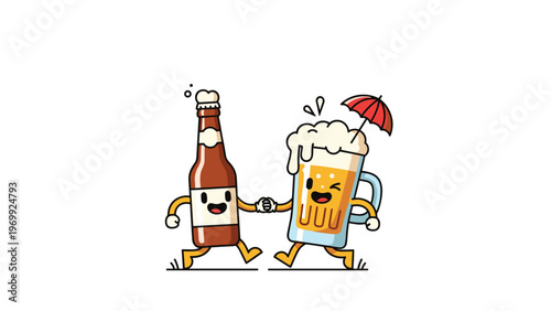 Friendly beer bottle character and a foaming beer mug with a small red umbrella hold hands while walking together.