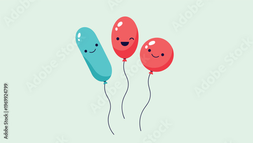 Three happy balloon characters in blue and red colors with cute smiling faces float together against a soft background.