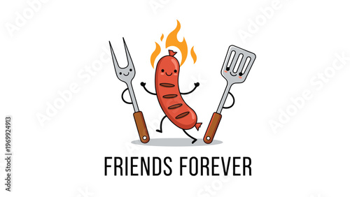 Playful barbecue theme showing a happy sausage character on fire dancing between a smiling fork and spatula to celebrate food and friends.