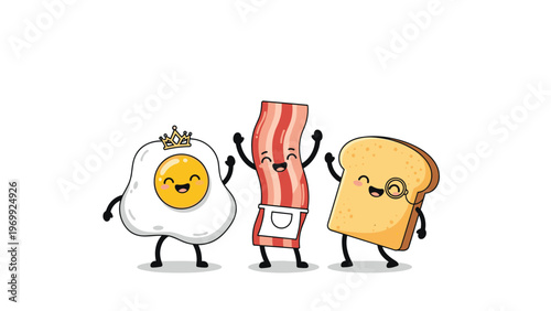 Classic breakfast characters showing a fried egg with a crown and bacon beside a piece of toast wearing a monocle for a humorous meal art.