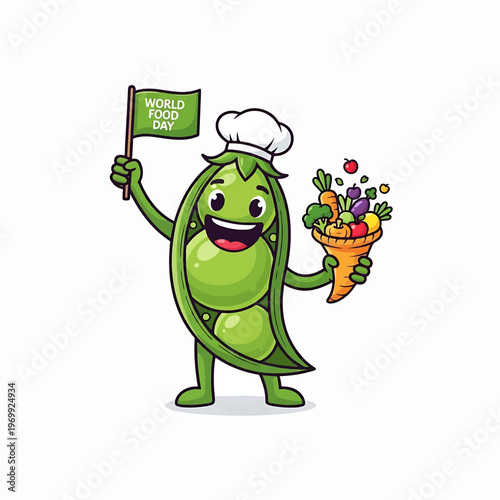 Cartoon Pea Character Holding Carrot and Sign.