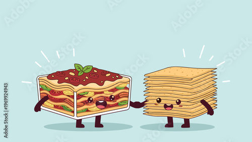 Adorable food characters showing a smiling layered lasagna dish holding hands with a stack of crackers to represent tasty snacks and meals.