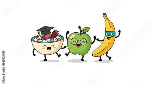 Group of clever food characters including a bowl of oatmeal with a graduation cap and an apple with glasses for a healthy lifestyle.