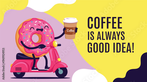 Fun delivery concept showing a pink glazed donut character riding a motor scooter while holding a cup of takeaway coffee for breakfast.