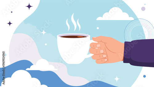 Atmospheric illustration of a human hand holding a steaming cup of coffee or tea against a dreamy sky with clouds and sparkling stars.