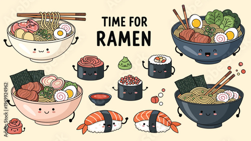 Comprehensive collection of cute Japanese food characters featuring ramen bowls and sushi rolls with happy faces for a fun restaurant theme.