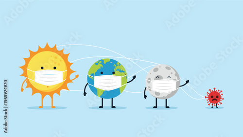 Educational pandemic illustration with the Sun and Earth wearing face masks to stay safe from a tiny sad coronavirus character in space.
