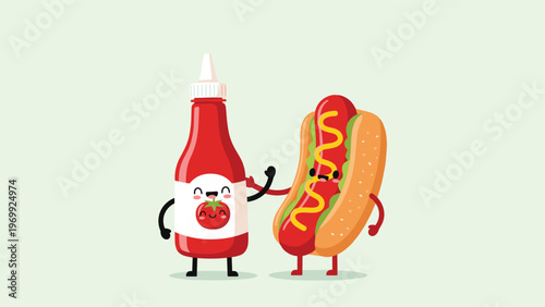 Classic food pairing illustration showing a smiling red ketchup bottle character holding hands with a happy hot dog mascot for a meal.