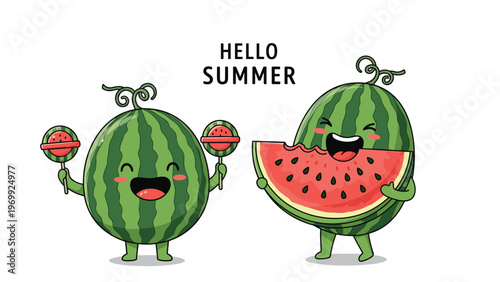 Summer greeting card showing a happy watermelon character holding lollipops next to another watermelon character eating a juicy fruit slice.