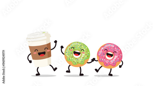 Energetic coffee and donuts theme featuring a happy coffee cup character dancing joyfully with two colorful sprinkled donuts for breakfast.